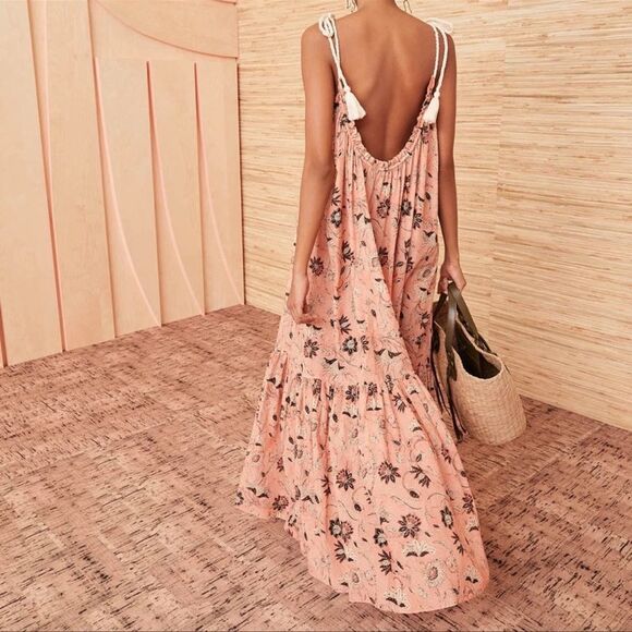 ULLA JOHNSON Cari Shoulder-Tie Maxi Beach Dress Primrose Large MSRP $445 - Picture 2 of 3